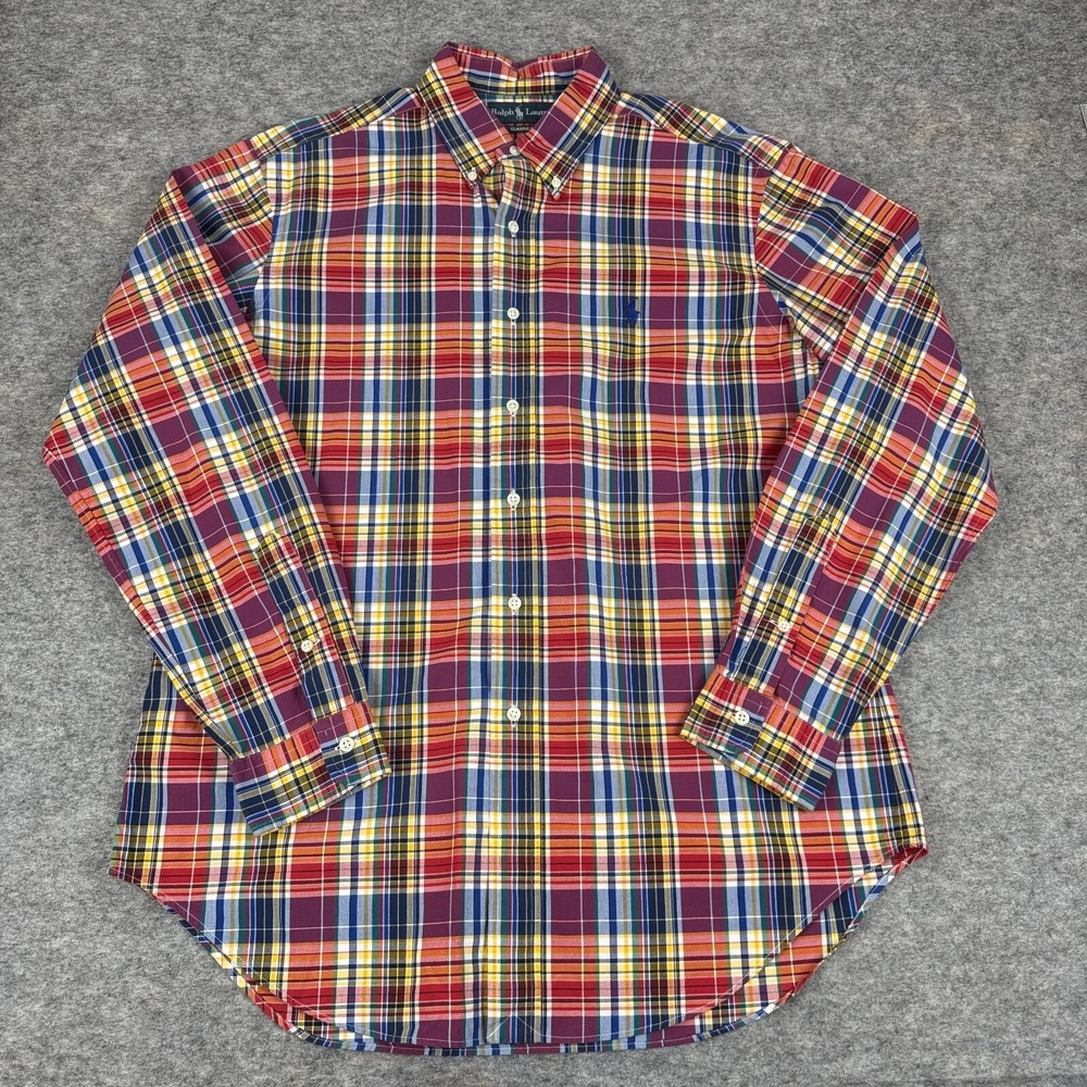 Ralph Lauren Button Down Shirt Long Sleeve Colorful Tartan Plaid Mens Large L